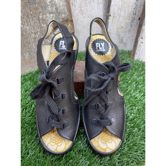 FLY London Ylfa Wedge Peep Toe Black Leather Sandals Women's EU39 - Picture 4 of 8